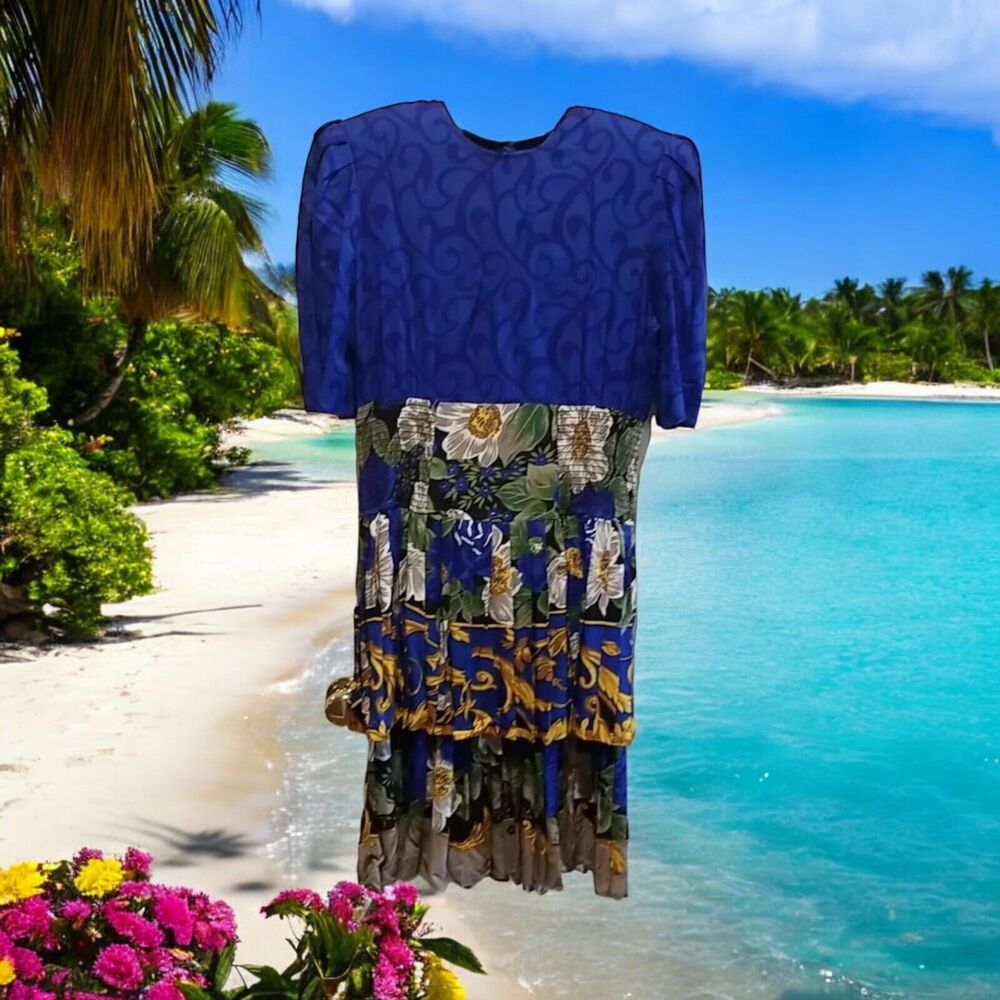 VTG 80s CHOON California Dress Womens Size‎ 10 Blue Yellow Floral Tiered Layers
